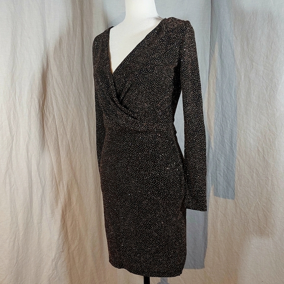 H&M black w/ gold sparkles long-sleeved surplice bodycon mini dress, S, EUC - Picture 3 of 6